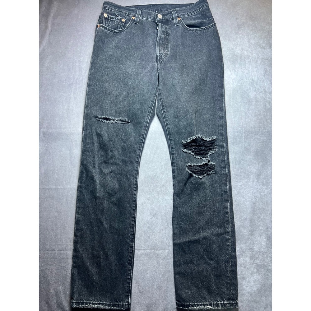 Levis 501 Mens Jeans 28x30 Black Straight Leg Button Fly Distressed Washed Black